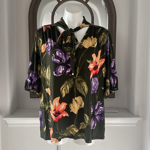 Ralph Lauren Floral Jersey Tie-Neck Blouse in Farm Olive, Plus Size XXL, NWT - Picture 10 of 15